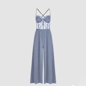 NWT, CIDER - Lace Corset Chain Cross Wide Leg Palazzo Jumpsuit, Size L